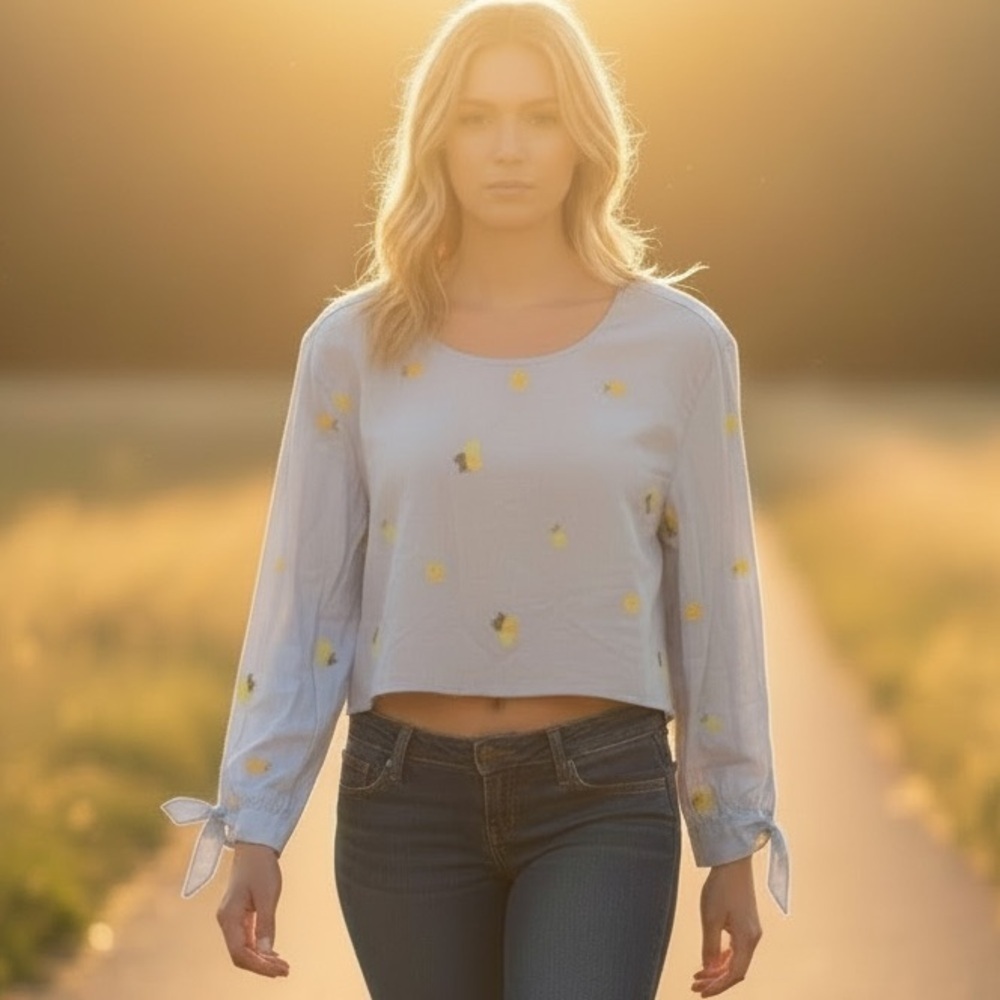 Lemon Embroidered Coastal Summer Light Blue Top Sz S